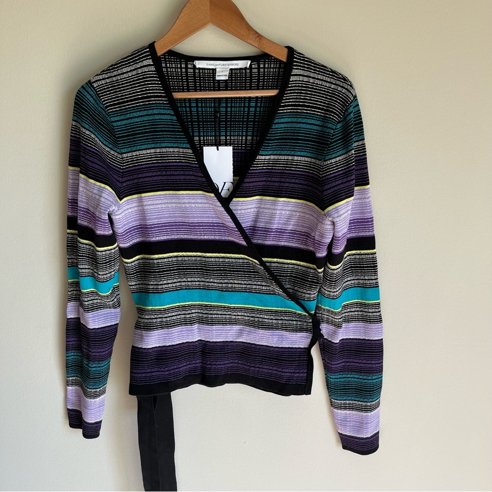 Diane von Furstenberg DVF Women's Multicolor Stripe Wrap Sweater Size Large (L)